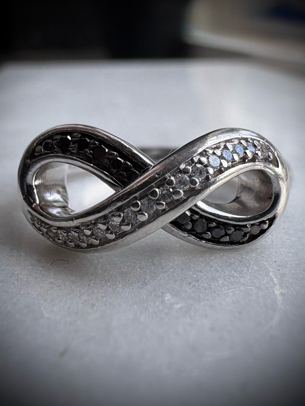 Infinity Black And White Lab Sapphire Sterling Silver Ring 6.5